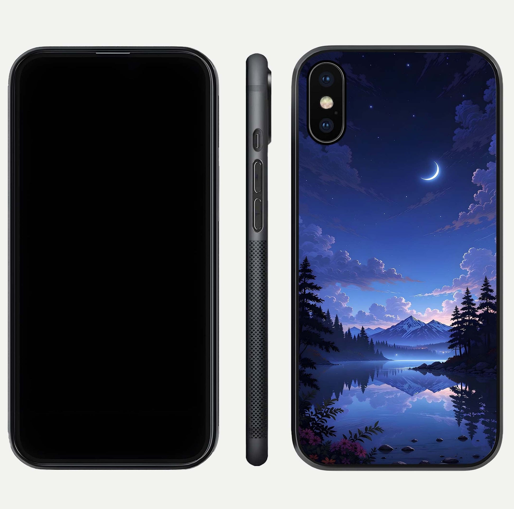 Midnight Lake Peace Glass Case for iPhone Xs front & back layout highlighting calm design and curved edges