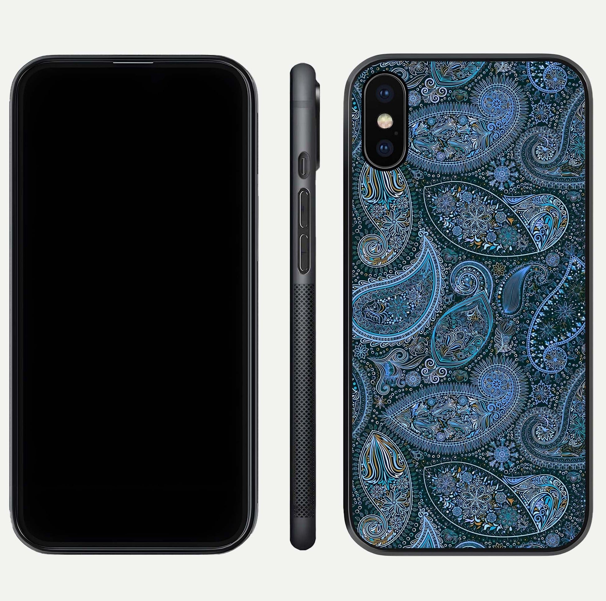 Midnight Paisley Glow Glass Case for iPhone Xs front & back layout highlighting elegant edge finish