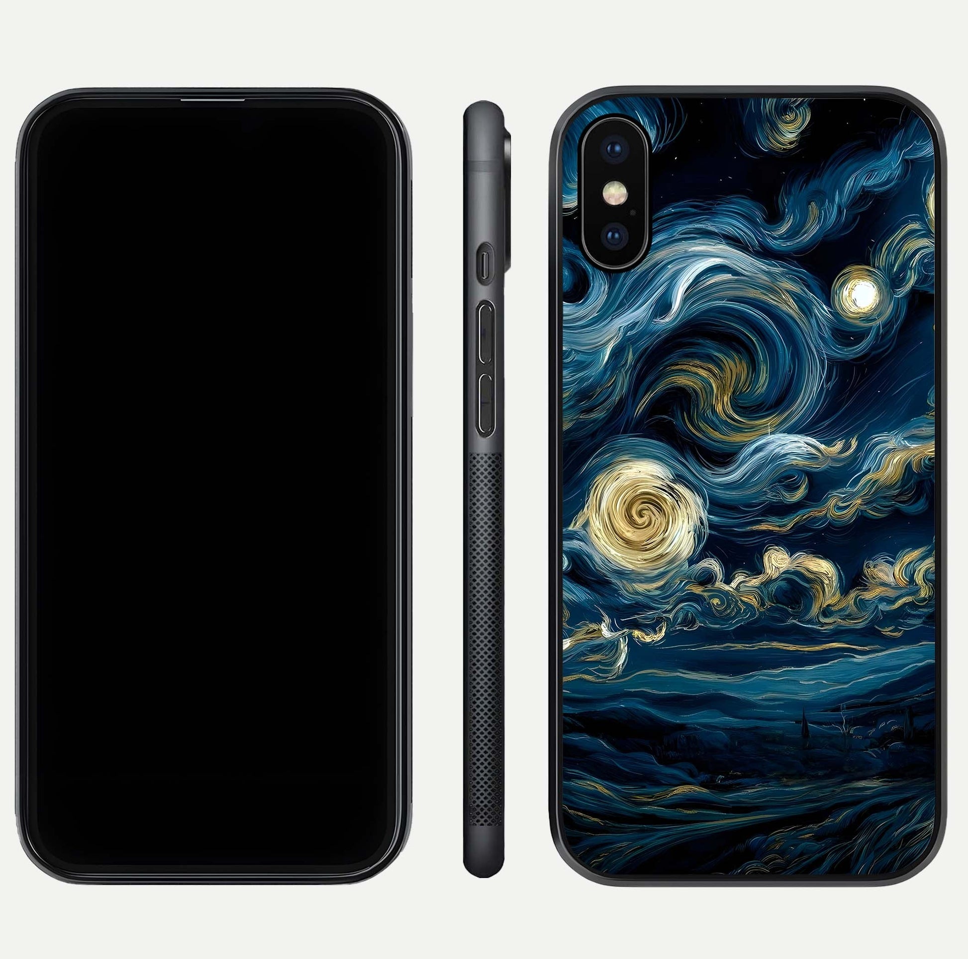 Midnight Sky Whirl Glass Case for iPhone Xs front & back layout highlighting celestial movement art