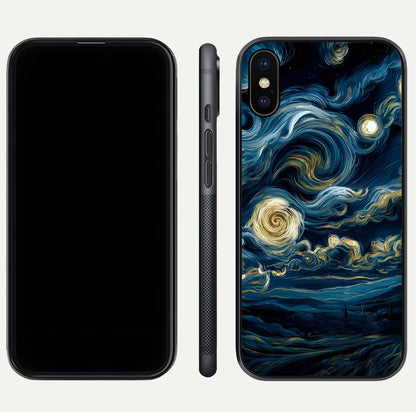 Midnight Sky Whirl Glass Case for iPhone Xs front & back layout highlighting celestial movement art