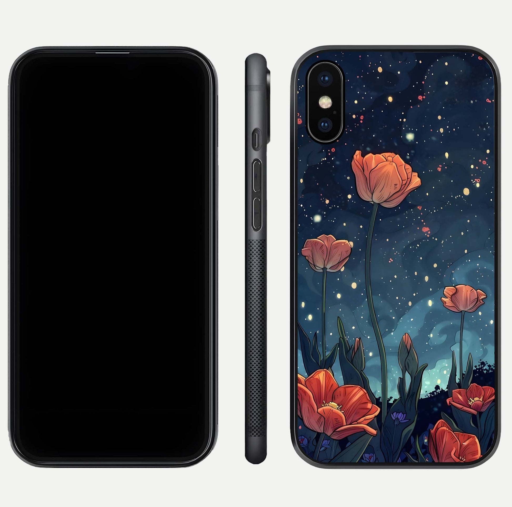 Midnight Tulip Glow Glass Case for iPhone Xs front & back layout highlighting floral glow and curved edges