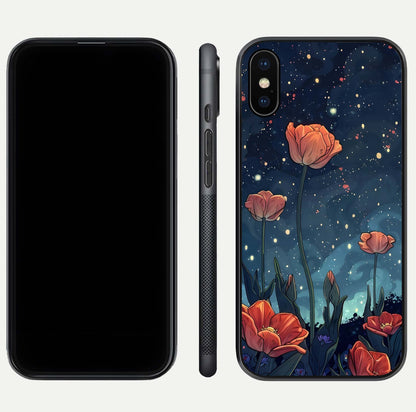 Midnight Tulip Glow Glass Case for iPhone Xs front & back layout highlighting floral glow and curved edges