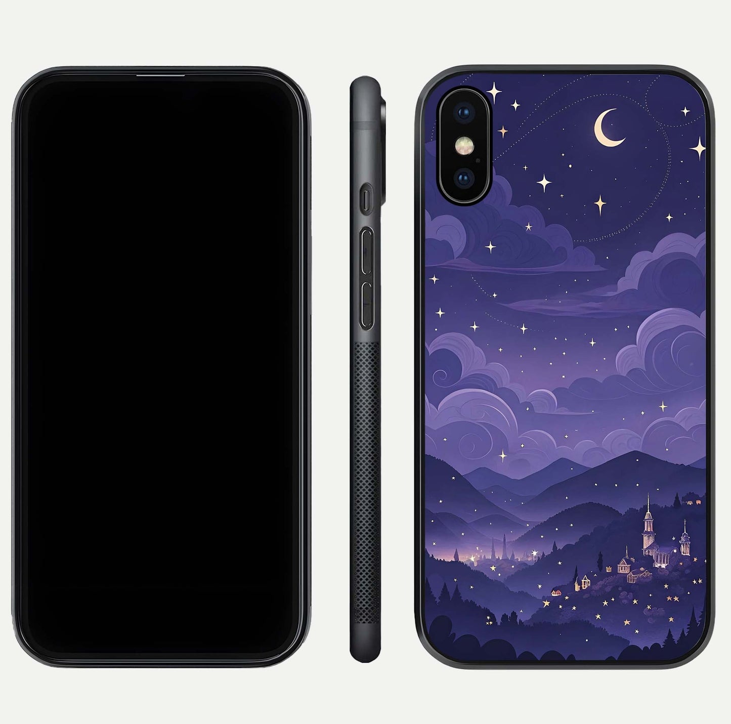 Minimal Night View Glass Case for iPhone Xs front & back layout highlighting minimal night vibe and curves