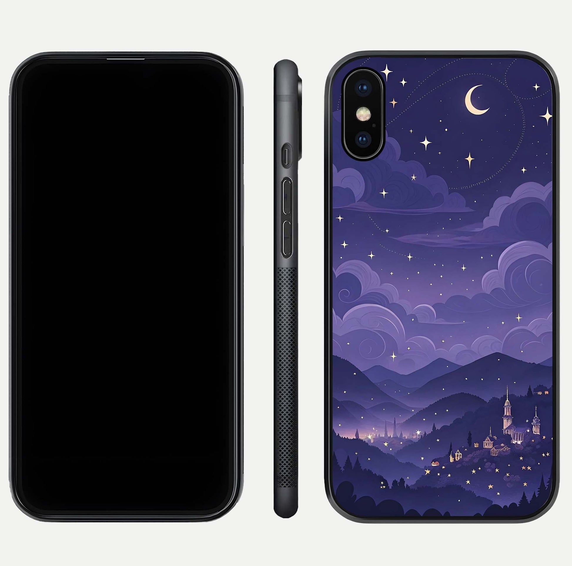 Minimal Night View Glass Case for iPhone Xs front & back layout highlighting minimal night vibe and curves
