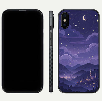 Minimal Night View Glass Case for iPhone Xs front & back layout highlighting minimal night vibe and curves