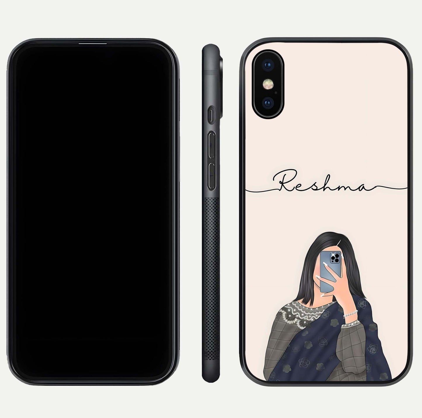 Mirror Mood Muse Custom Name Glass Case for iPhone Xs front & back layout showing personalized name placement