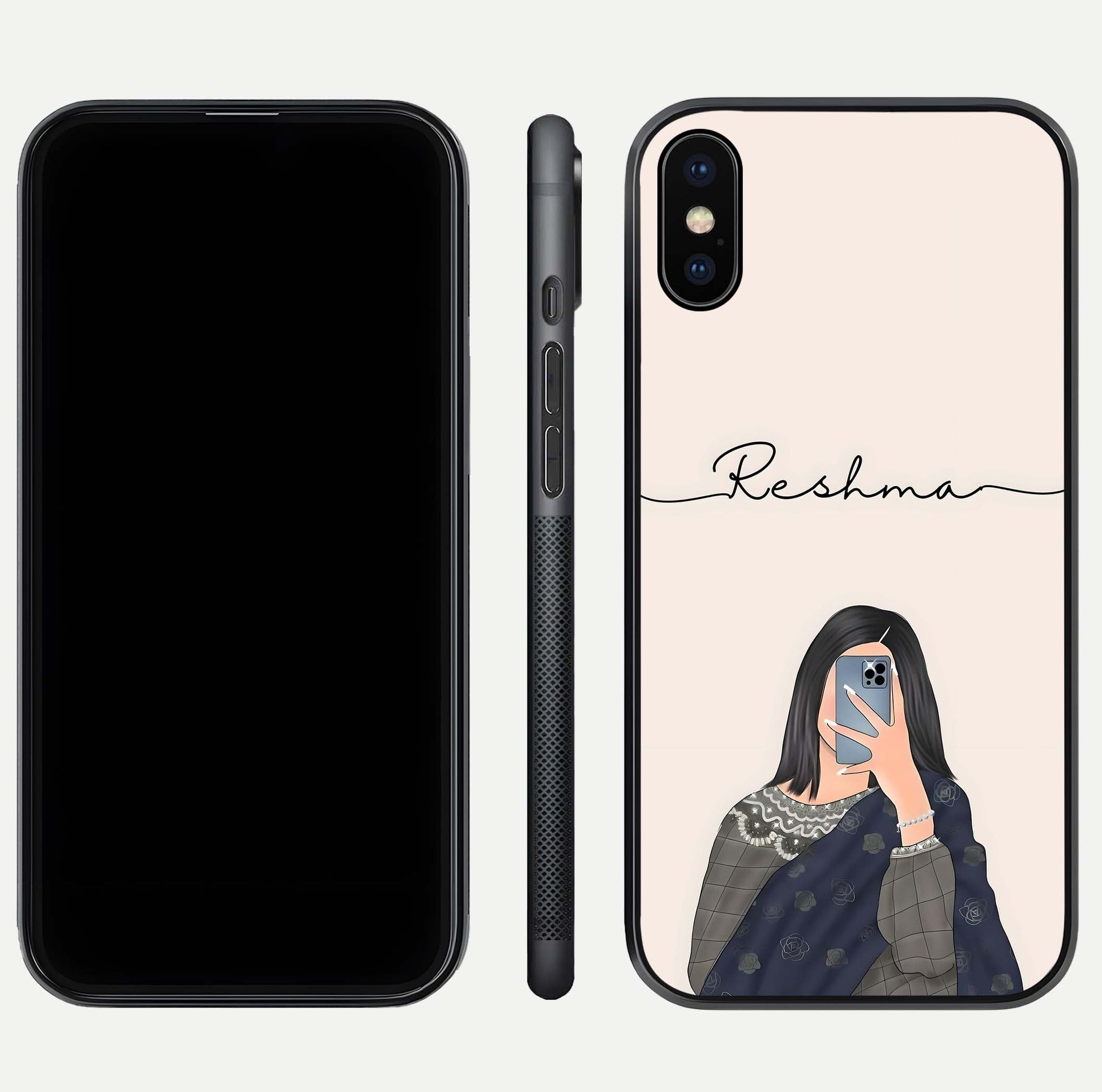 Mirror Mood Muse Custom Name Glass Case for iPhone Xs front & back layout showing personalized name placement