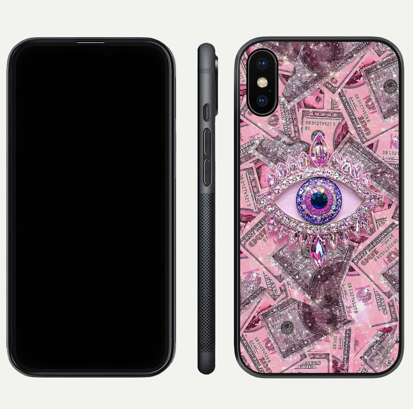 Money Eye Luxe Glass Case for iPhone Xs front & back layout highlighting luxury edge design and bold art