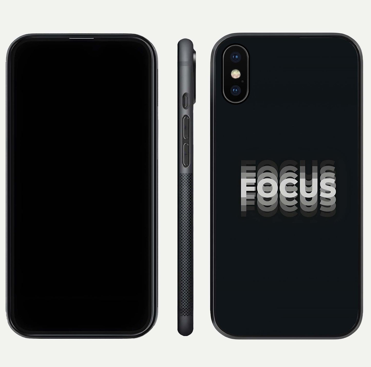 Mono Focus Vision Glass Case for iPhone Xs front & back layout showing clean focus lines and curved edges