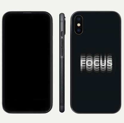 Mono Focus Vision Glass Case for iPhone Xs front & back layout showing clean focus lines and curved edges
