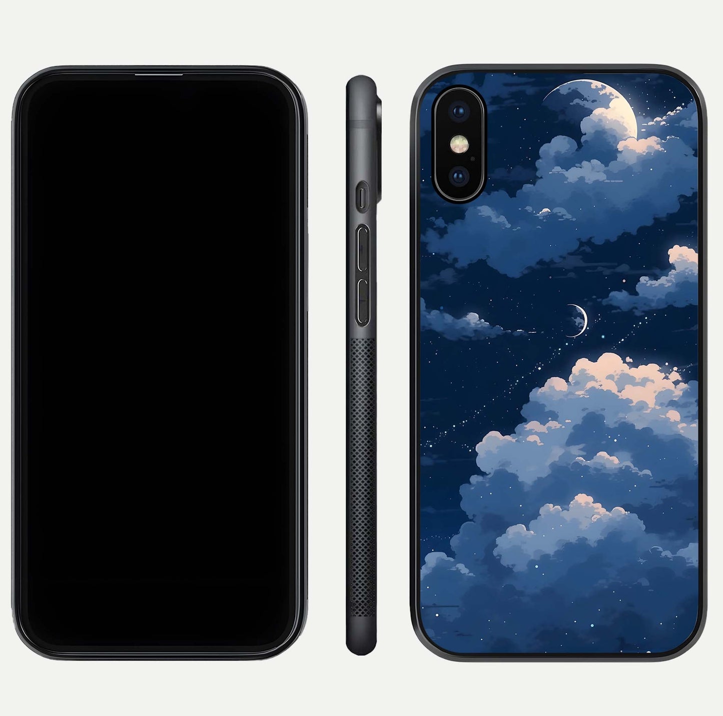 Moon Dream Haze Glass Case for iPhone Xs front & back layout highlighting dreamy design and curved shape