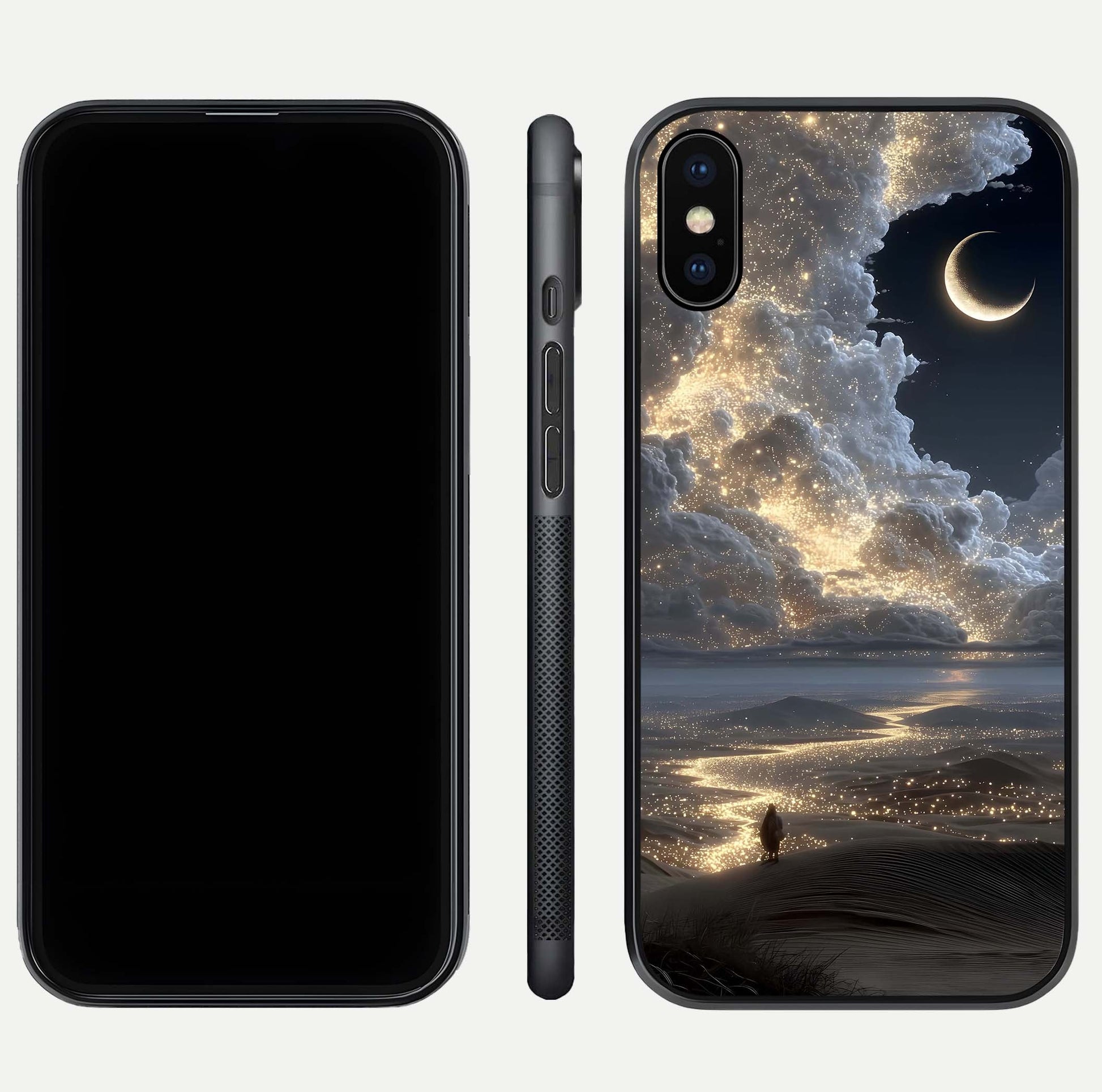 Moonlight Spark Path Glass Case for iPhone Xs front & back layout highlighting calm tones and sleek edges