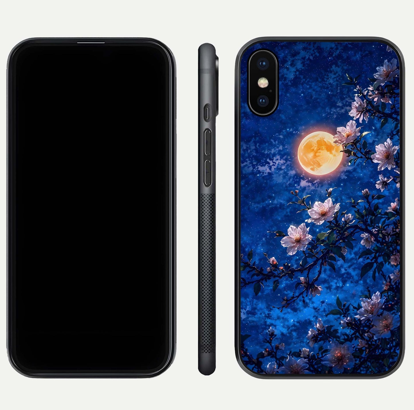 Moonlit Blossoms Night Glass Case for iPhone Xs front & back layout highlighting moonlit tones and curved edges