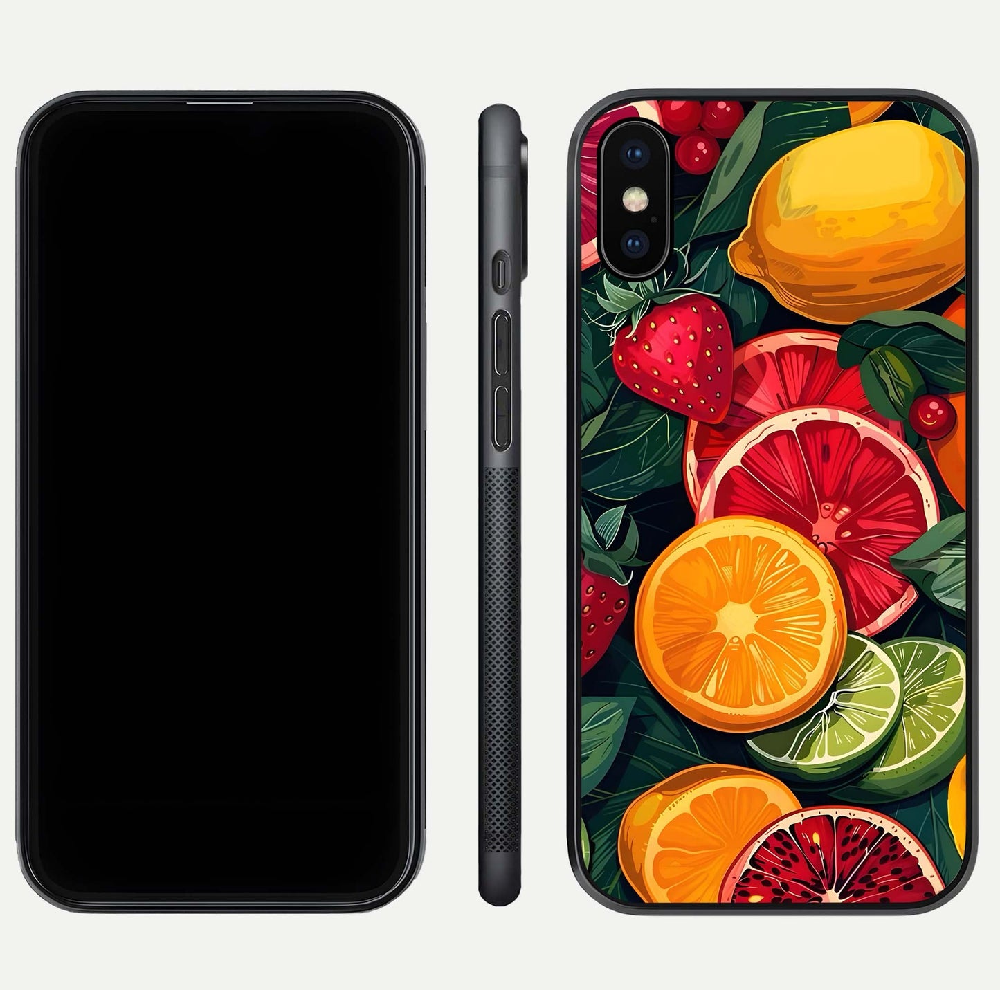 Multiple Fruits Glass Case for iPhone Xs front & back layout highlighting vibrant tones and curved edges