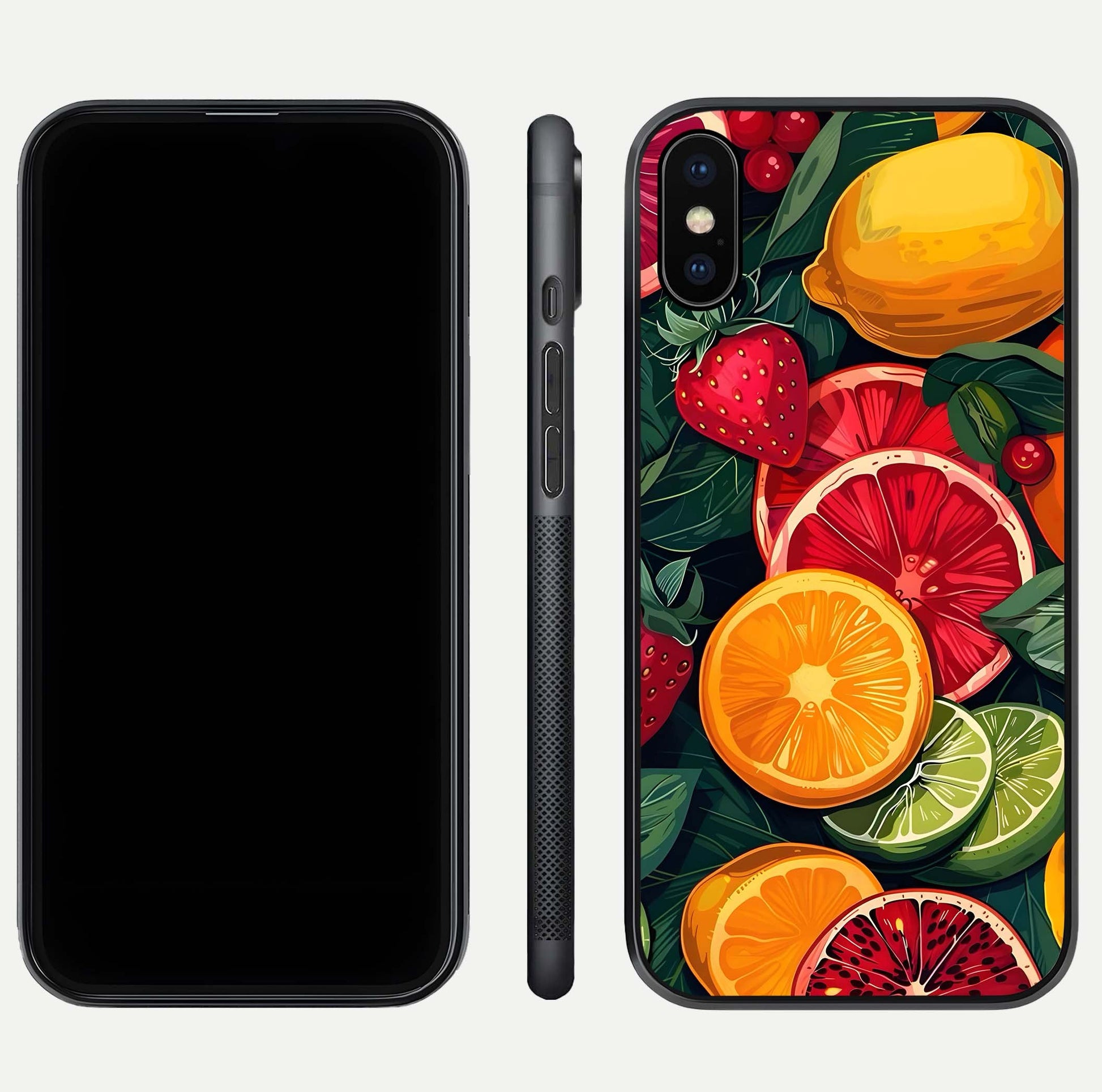Multiple Fruits Glass Case for iPhone Xs front & back layout highlighting vibrant tones and curved edges