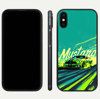 Mustang Bang Glass Case for iPhone Xs front & back layout highlighting dark automotive tones and edge detail