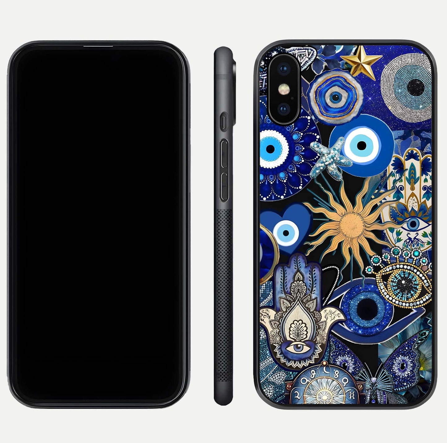Mystic Blue Evil Eye Glass Case for iPhone Xs front & back layout showing elegant tones and edge finish