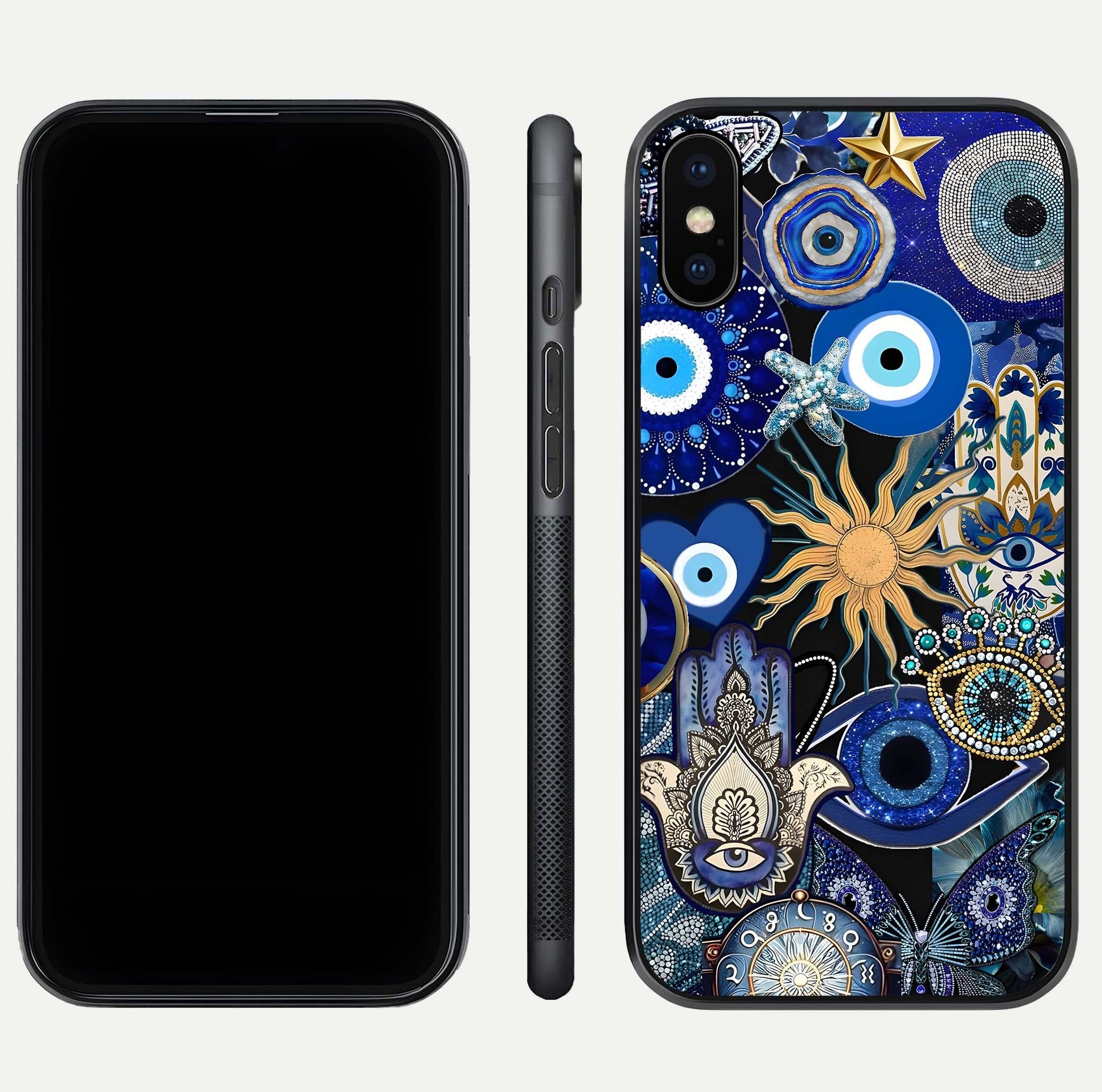 Mystic Blue Evil Eye Glass Case for iPhone Xs front & back layout showing elegant tones and edge finish