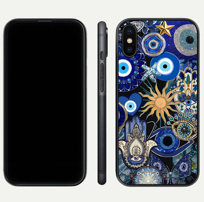 Mystic Blue Evil Eye Glass Case for iPhone Xs front & back layout showing elegant tones and edge finish