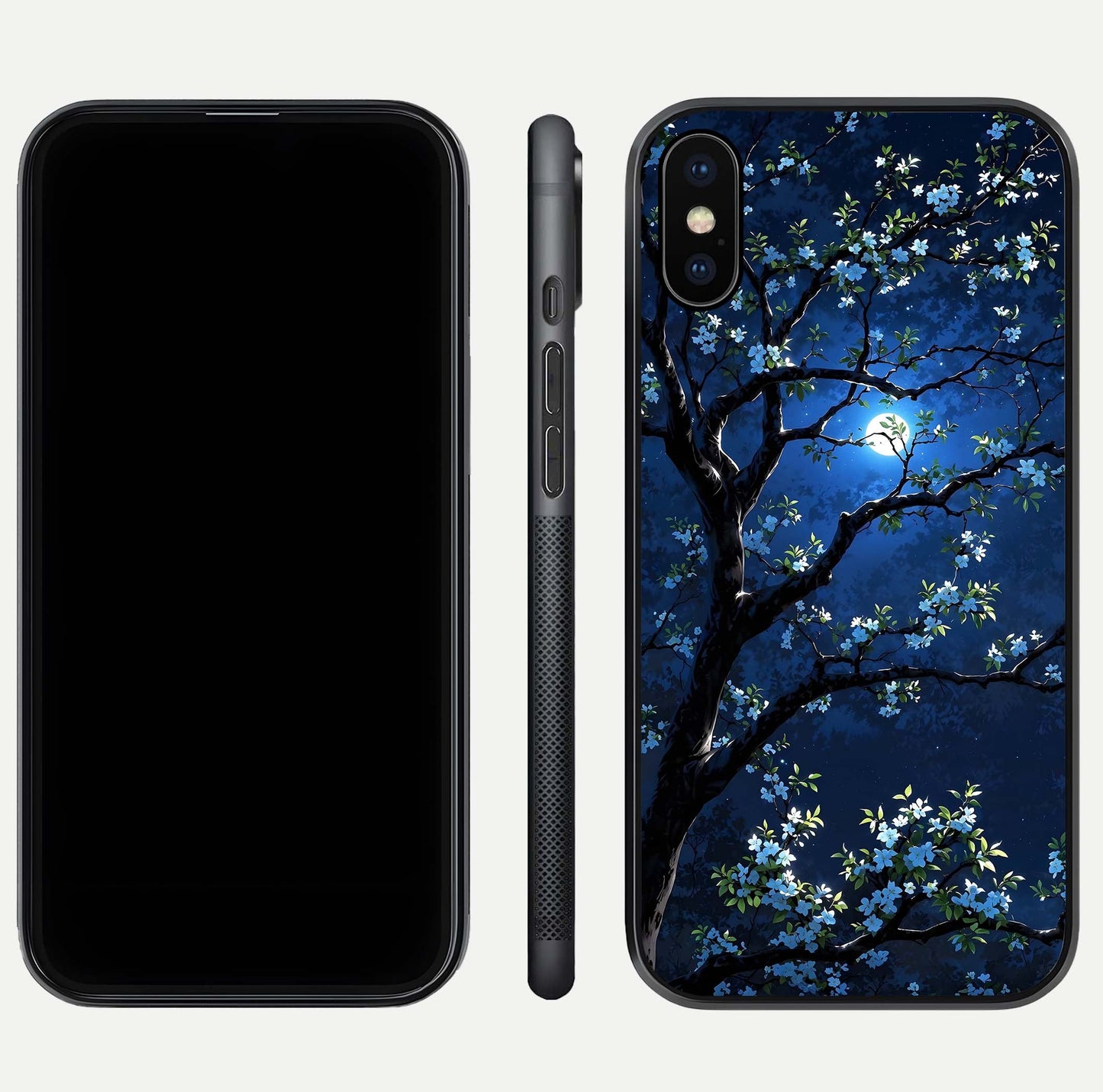 Mystic Floral Night Glass Case for iPhone Xs front & back layout showing elegant floral art and smooth edges
