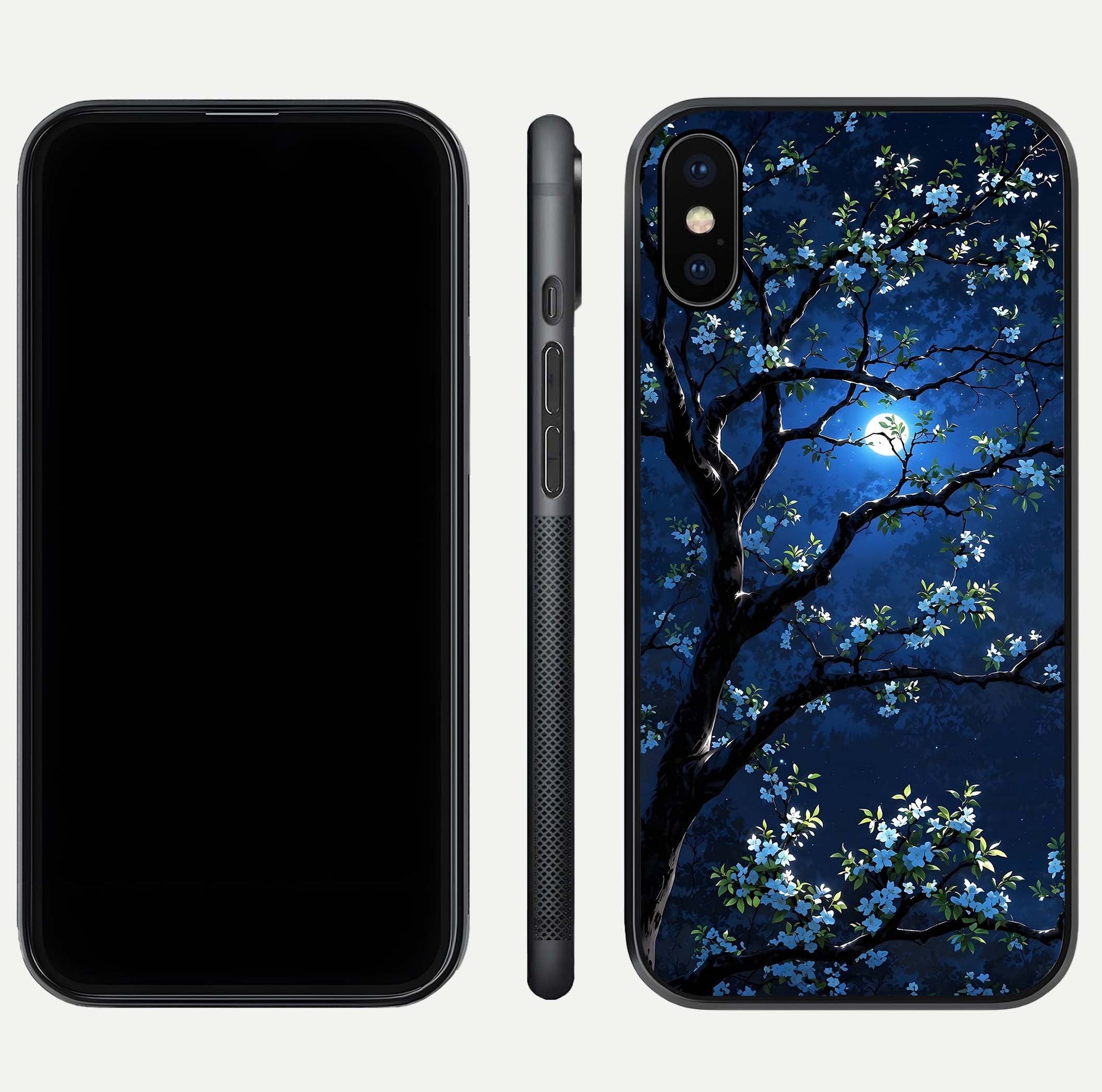 Mystic Floral Night Glass Case for iPhone Xs front & back layout showing elegant floral art and smooth edges