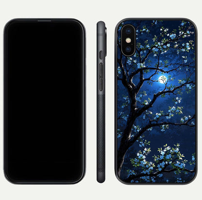 Mystic Floral Night Glass Case for iPhone Xs front & back layout showing elegant floral art and smooth edges