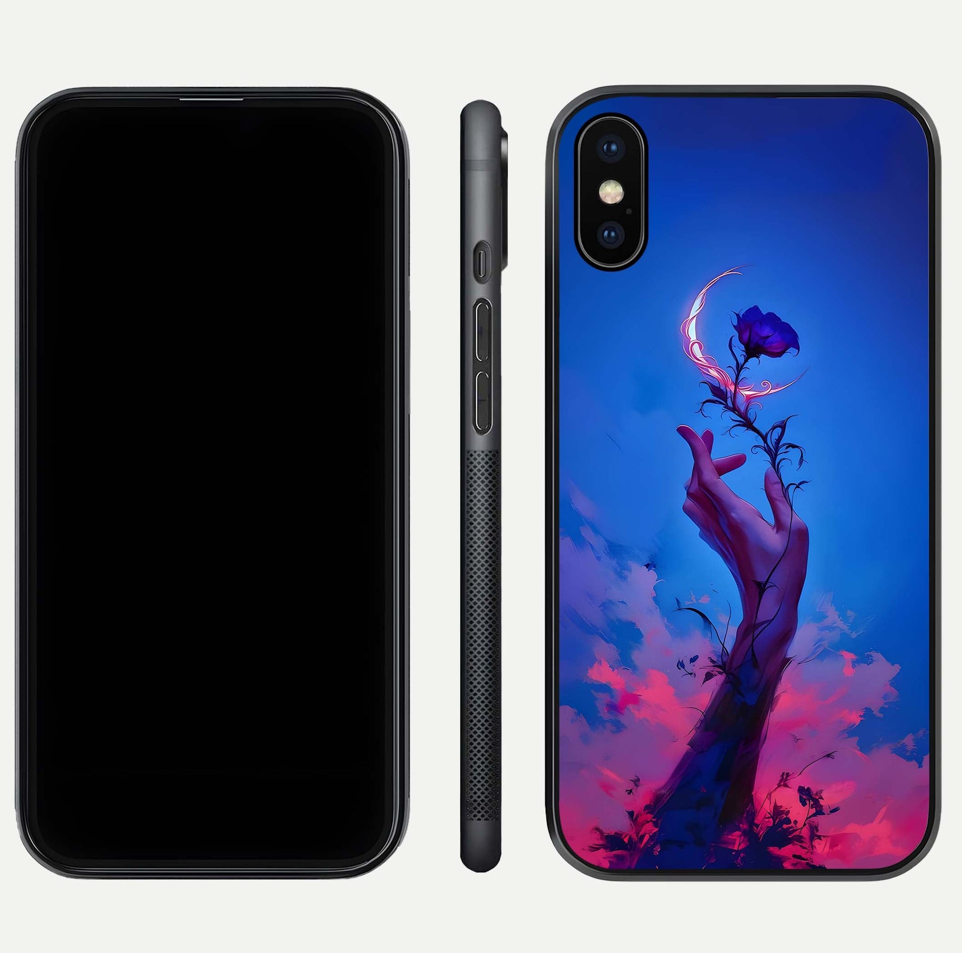 Mystic Hand Glass Case for iPhone Xs front & back layout highlighting mystic design and smooth edges