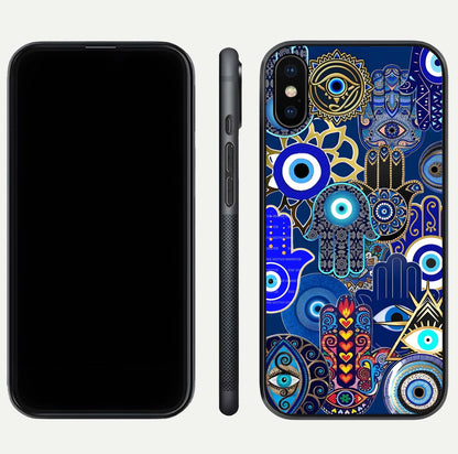Mystic Palm Guard Glass Case for iPhone Xs front & back layout highlighting spiritual art and edge finish
