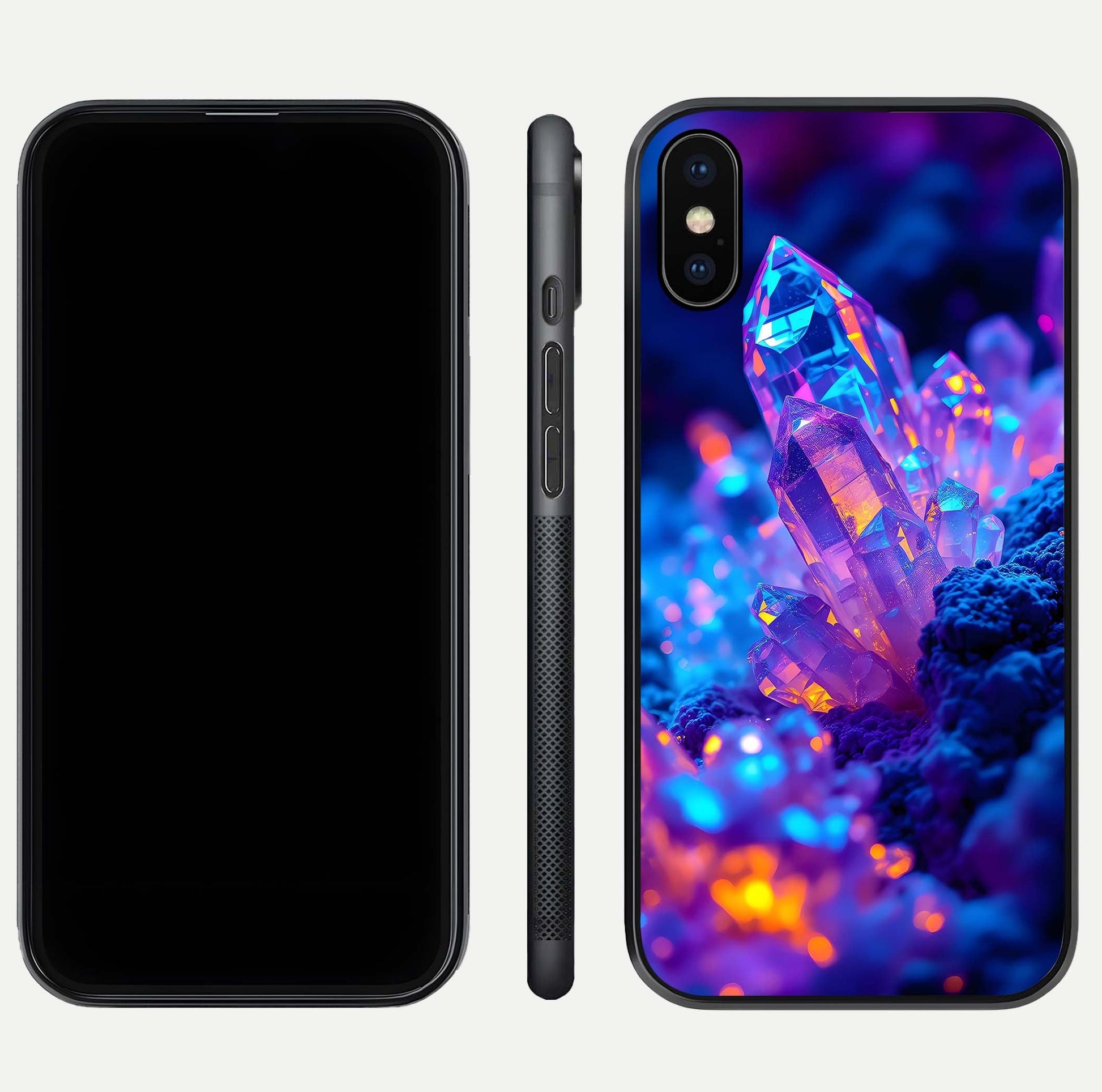 Neon Aura Shards Glass Case for iPhone Xs front & back layout showing vivid tones and edge finish