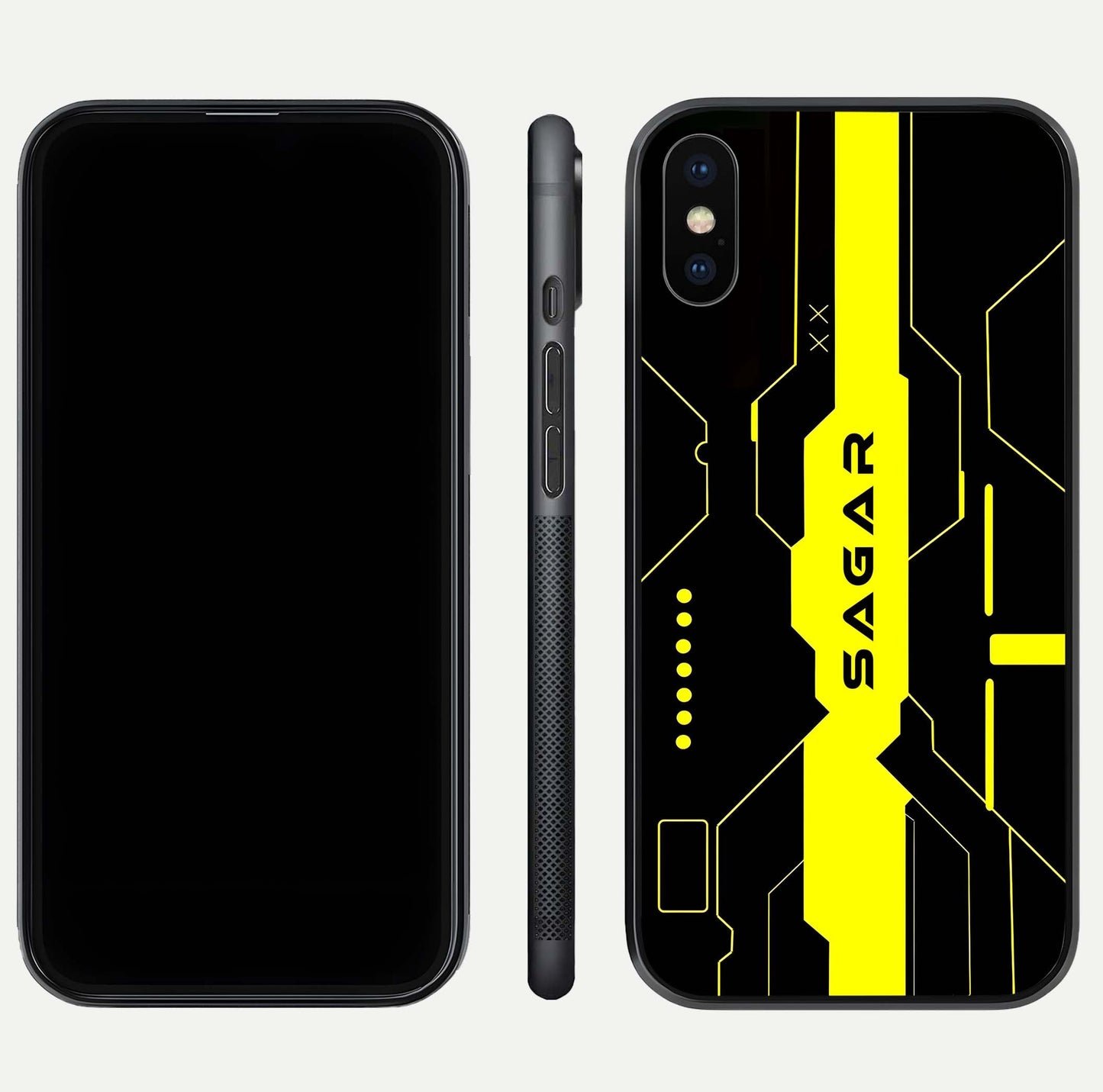 Neon CYBERPUNK Custom Name Glass Case for iPhone Xs front & back layout showing tech art and custom edge
