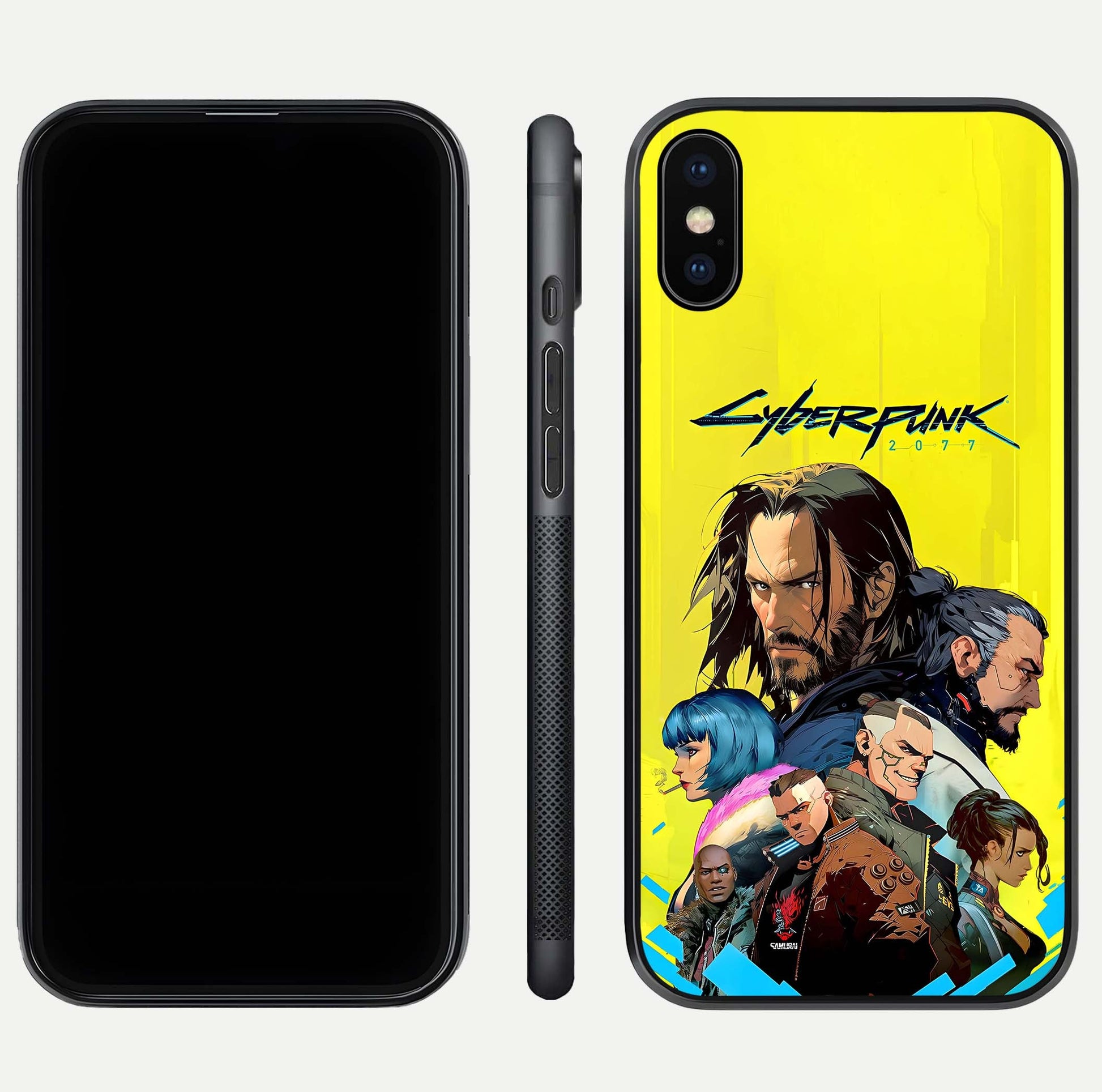 Neon Rebel Genesis Glass Case for iPhone Xs front & back layout highlighting futuristic theme and curves