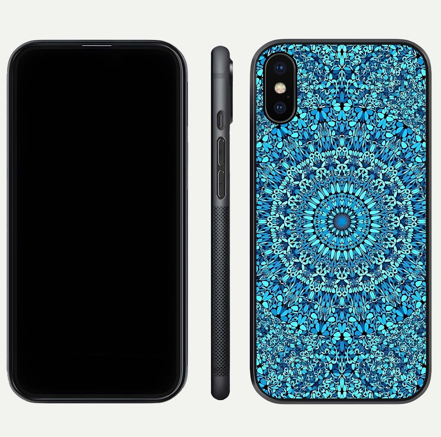 Ocean Bloom Mandala Glass Case for iPhone Xs front & back layout showing ocean tone design and edges