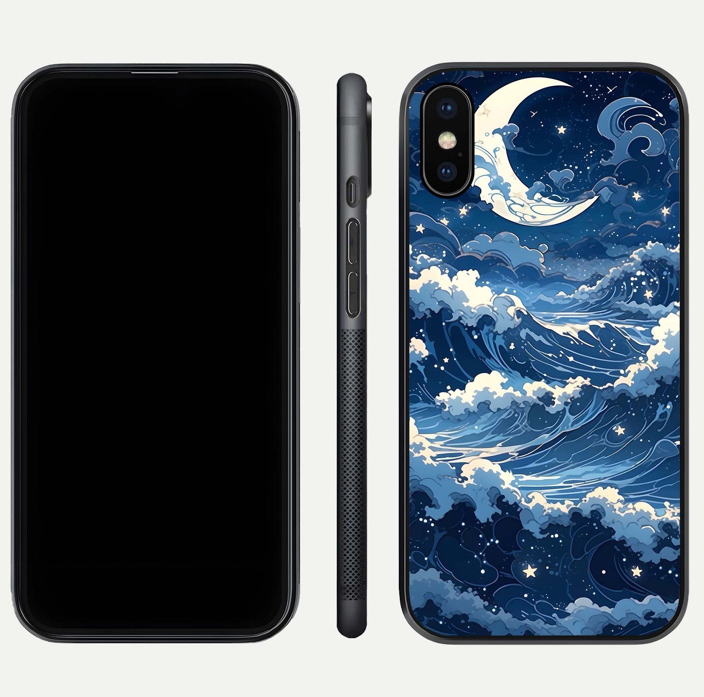 Ocean Moon Waves Glass Case for iPhone Xs front & back layout highlighting water flow and smooth edges