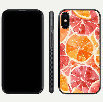 Orange Fruits Pattern Glass Case for iPhone Xs front & back layout highlighting bright colors and clean edges