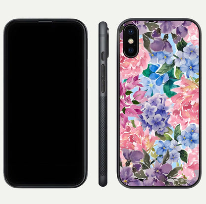 Pastel Floral Mix Glass Case for iPhone Xs front & back layout showing gentle tones and elegant edges