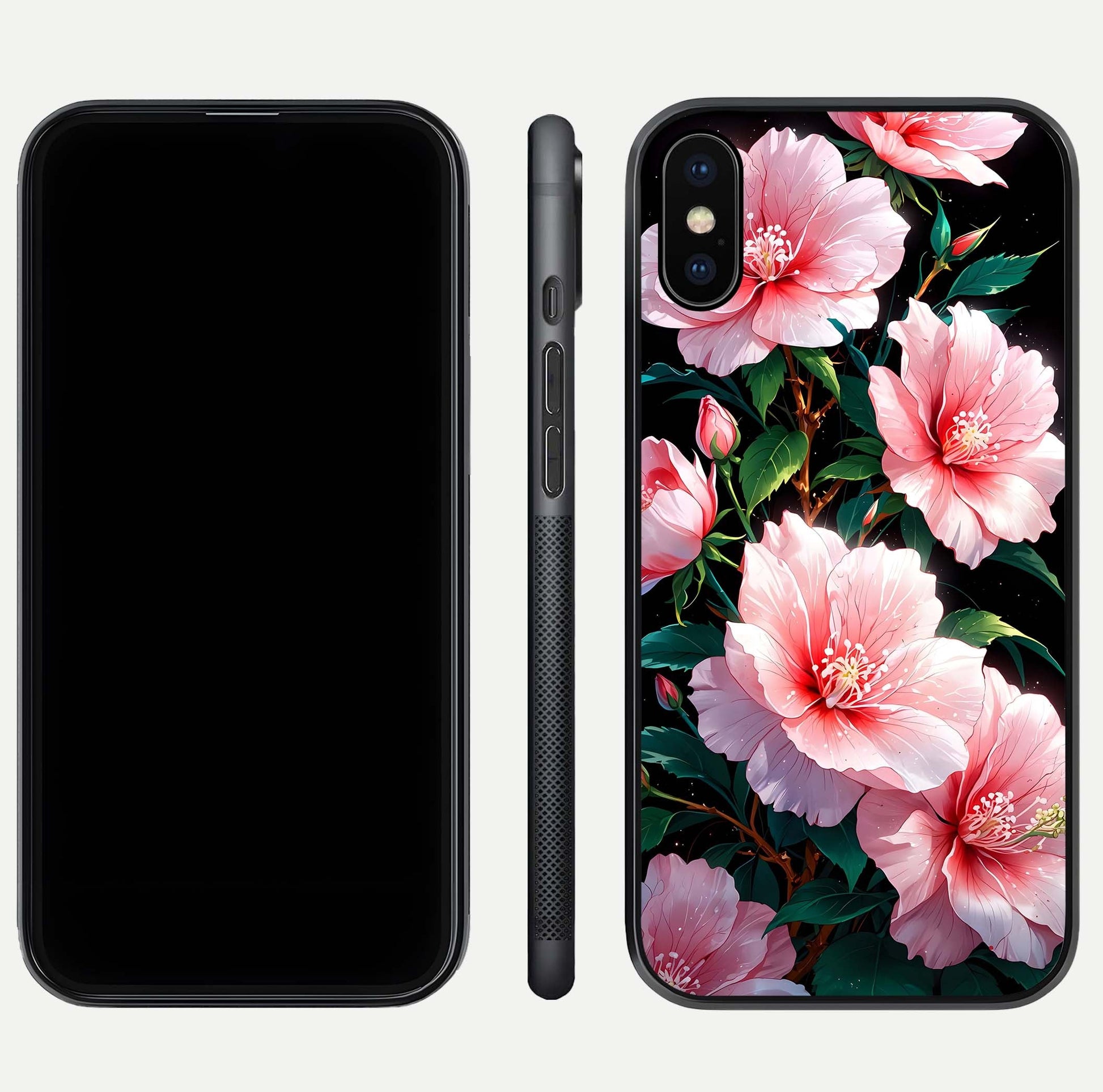 Peach Flower Glass Case for iPhone Xs front & back layout showing elegant floral tones and smooth edges
