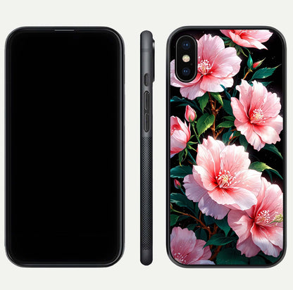 Peach Flower Glass Case for iPhone Xs front & back layout showing elegant floral tones and smooth edges