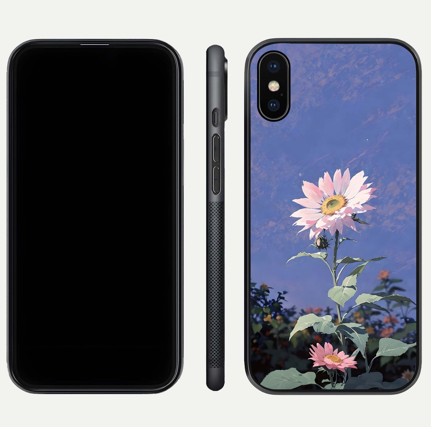Pink Sunflower Glow Glass Case for iPhone Xs front & back layout showing HD tones and bright finish