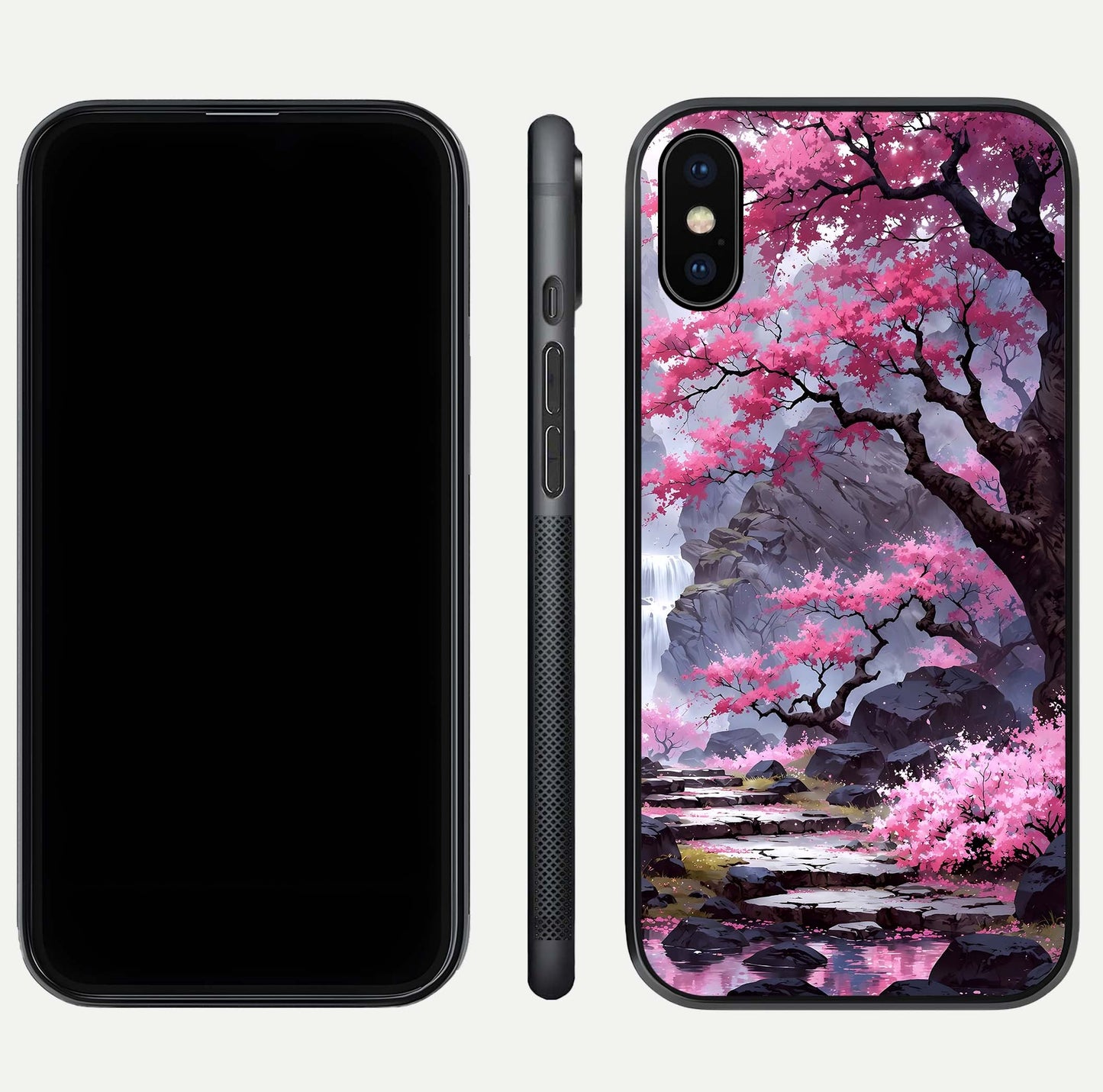 Pinkish Scenery Glass Case for iPhone Xs front & back layout showing landscape art and curved edge finish