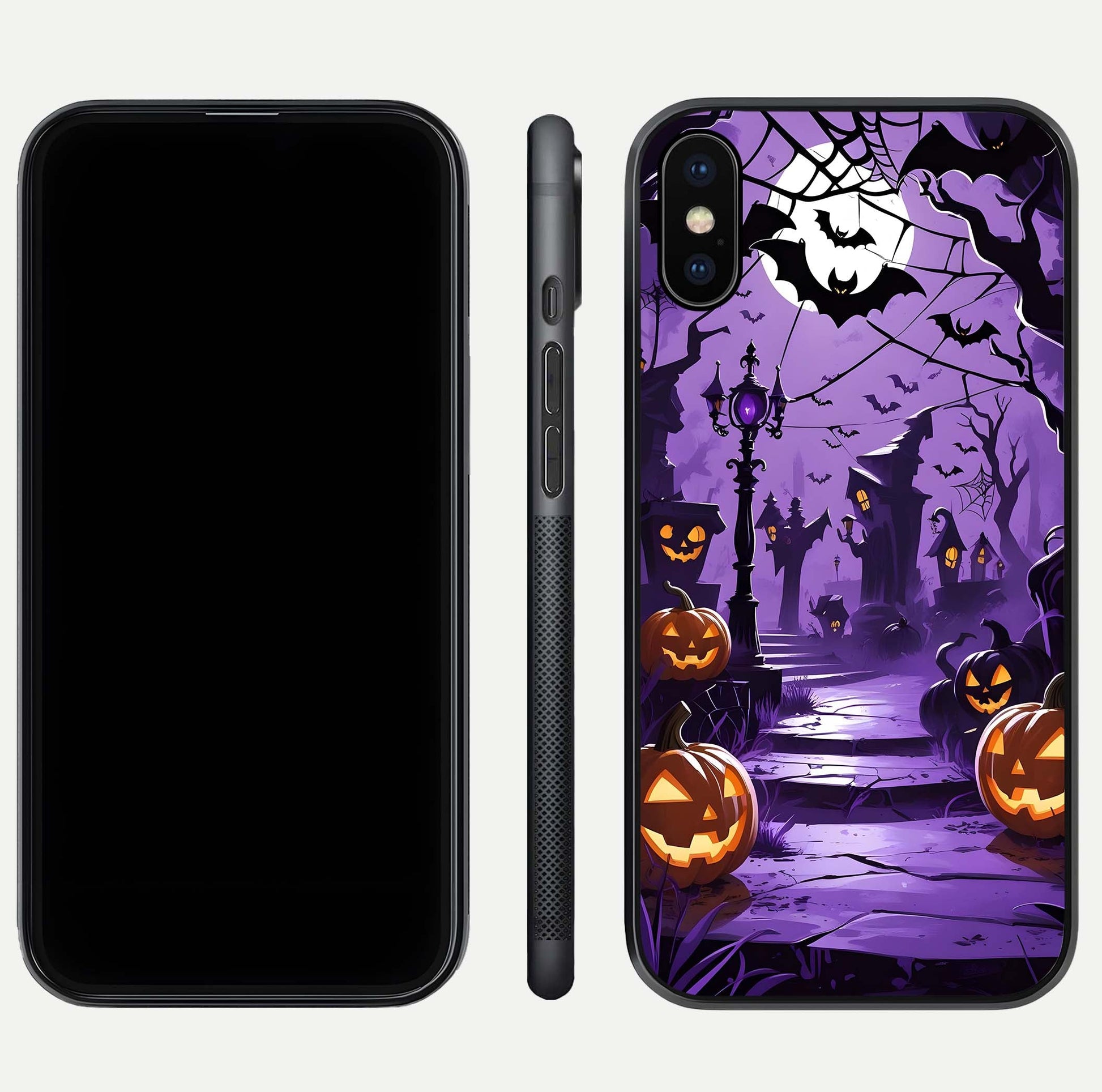 Pumpkin Patch Halloween Glass Case for iPhone Xs front & back layout showing festive Halloween print