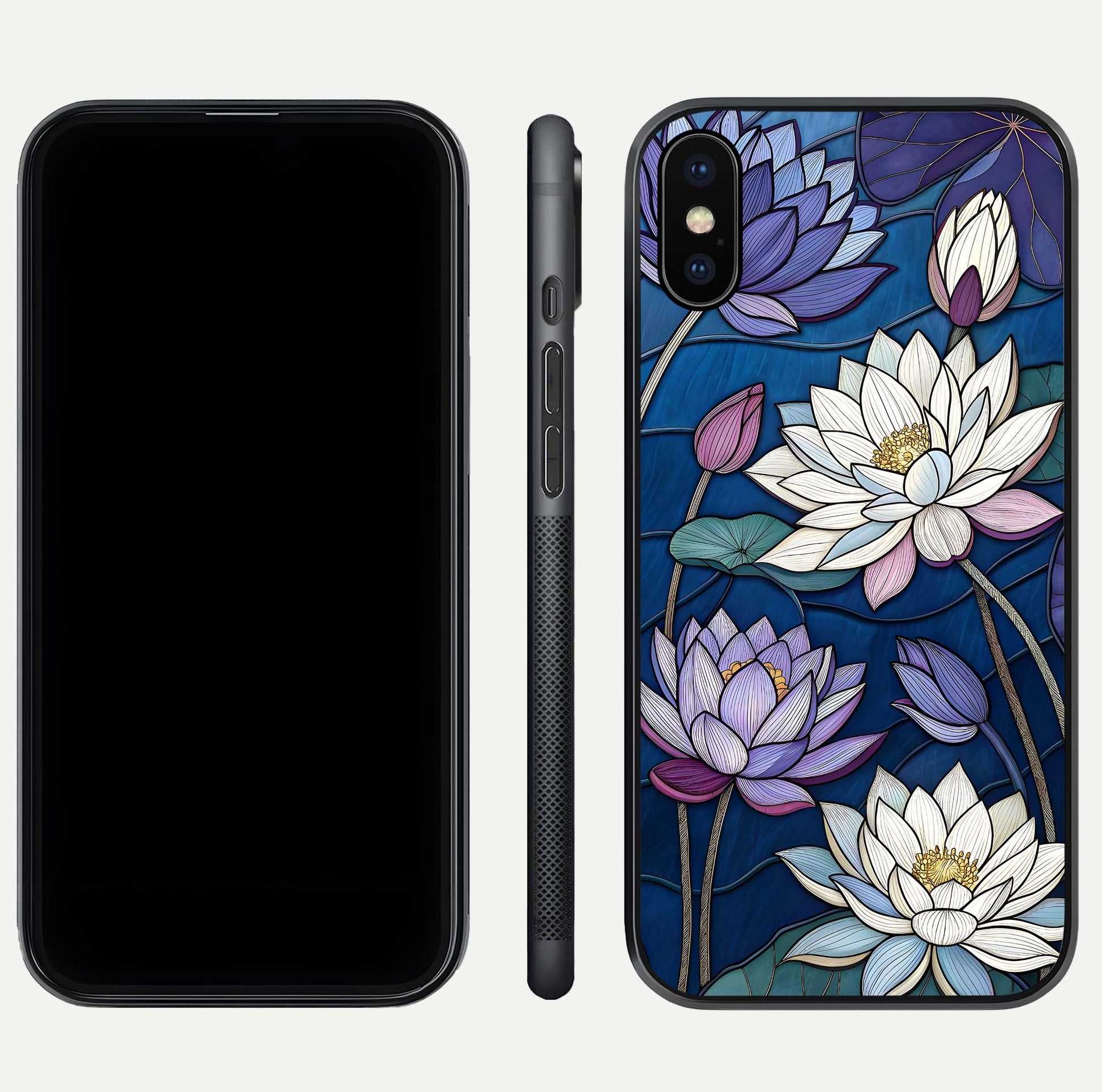 Purple Lotus Stained Glass Case for iPhone Xs front & back layout showing bright tones and smooth edge finish