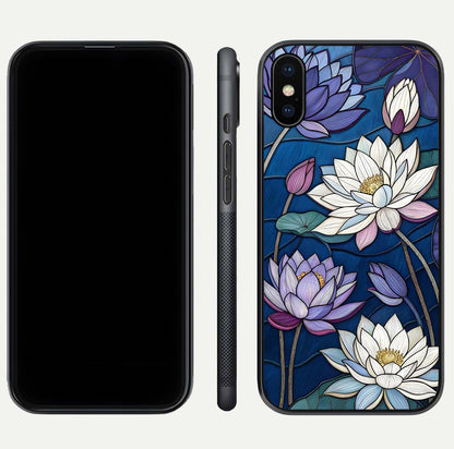 Purple Lotus Stained Glass Case for iPhone Xs front & back layout showing bright tones and smooth edge finish
