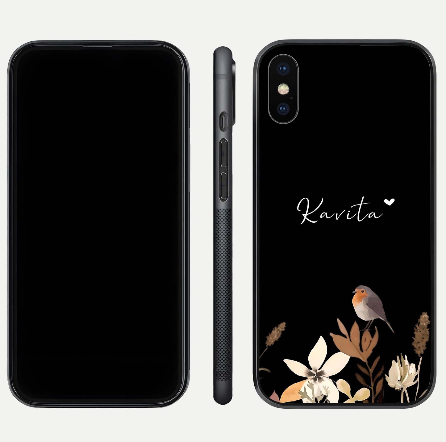 Quiet Garden Tune Custom Name Glass Case for iPhone Xs front & back layout highlighting name area and edges