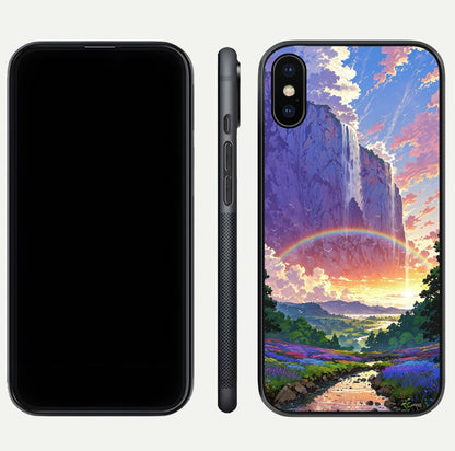 Rainbow Valley Dream Glass Case for iPhone 16 Pro front & back layout showing smooth color blend and curved edge