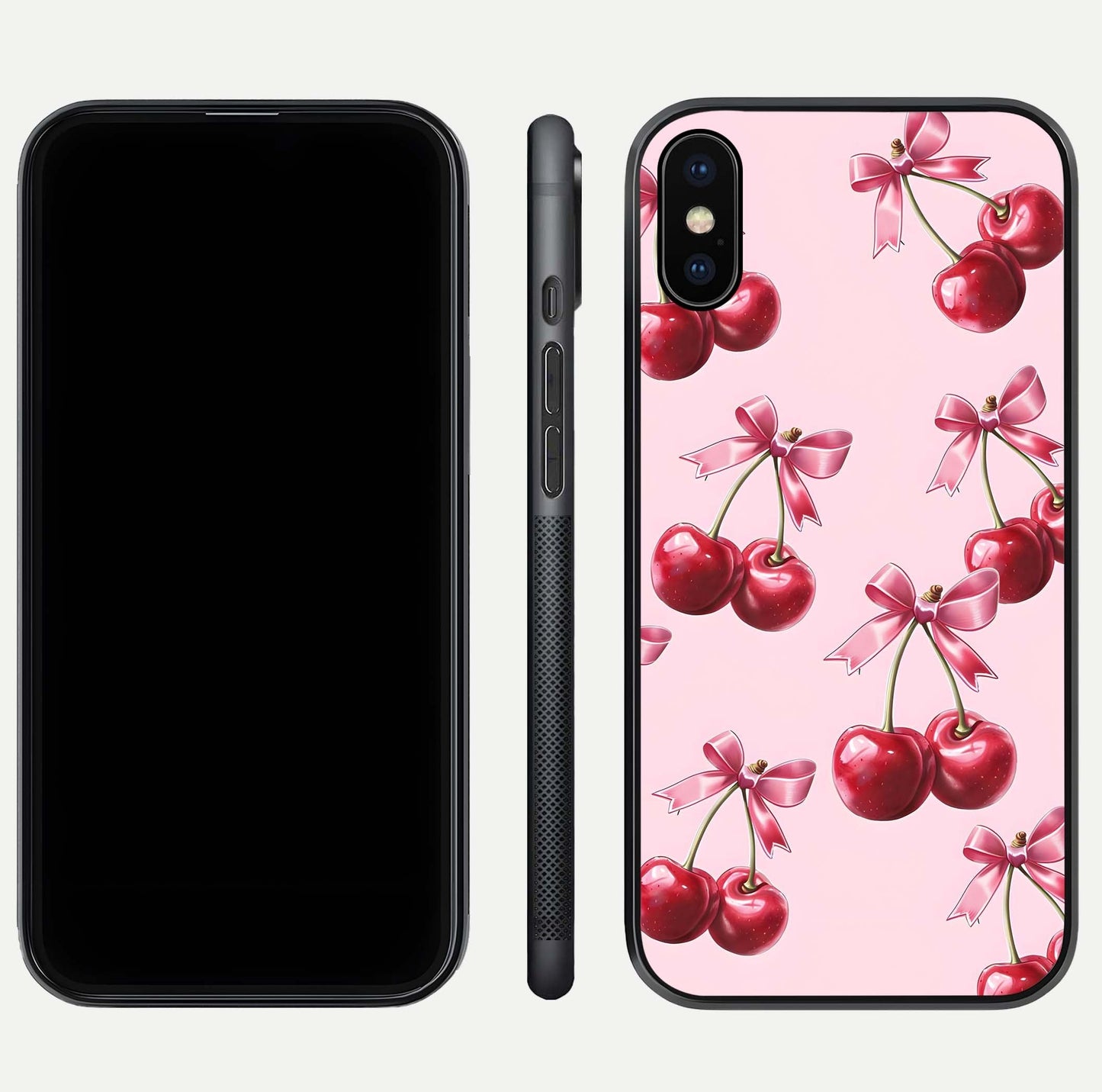 Red Cherries Pattern Glass Case for iPhone Xs front & back layout highlighting vibrant fruit print and edges