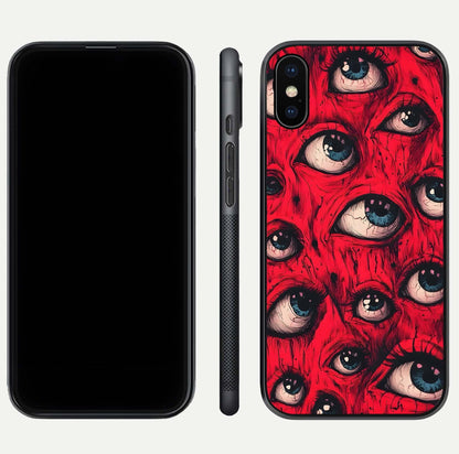 Red Eyes Pattern Glass Case for iPhone Xs front & back layout showing sharp edge finish and design depth