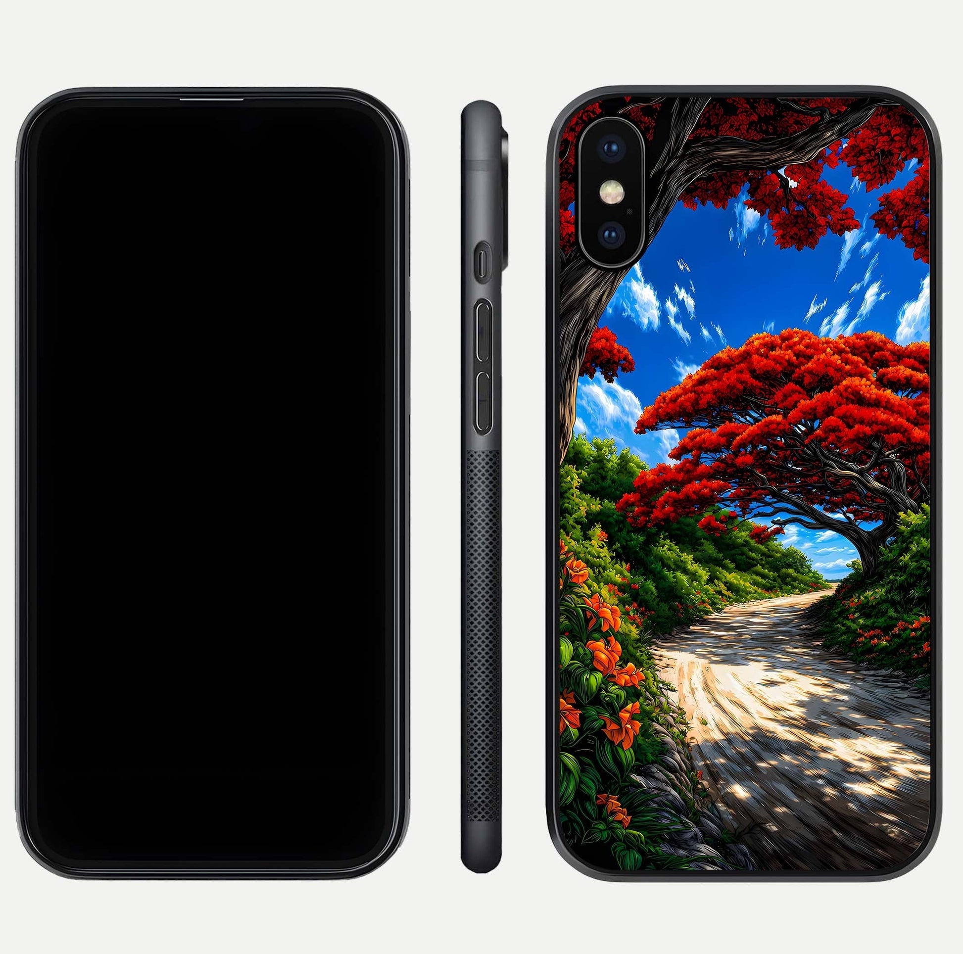 Red Trees Pathway Glass Case for iPhone Xs front & back layout showing scenic tone blend and edges
