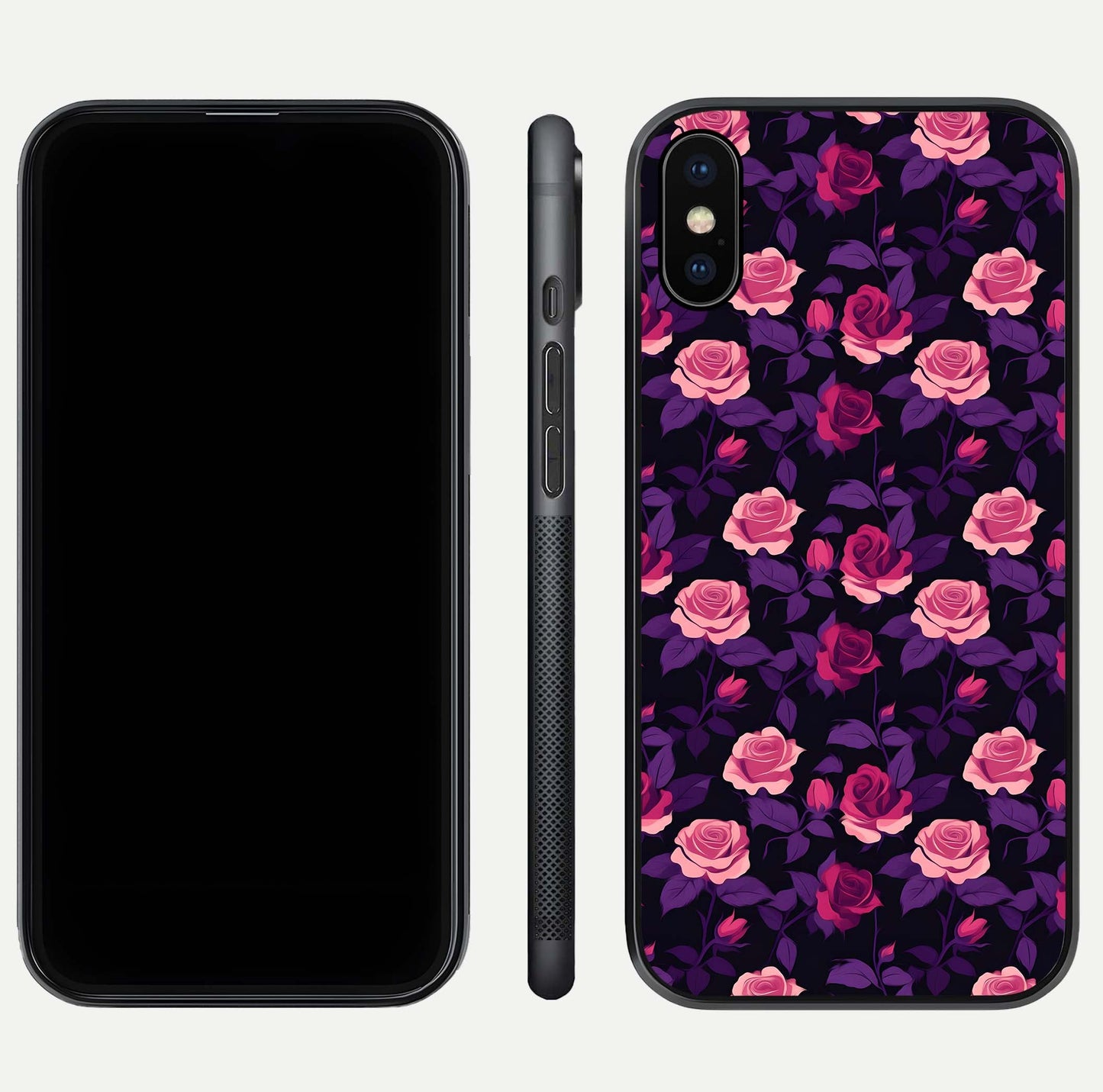 Rose Garden Twilight Glass Case for iPhone Xs front & back layout showing rich twilight tones and edges