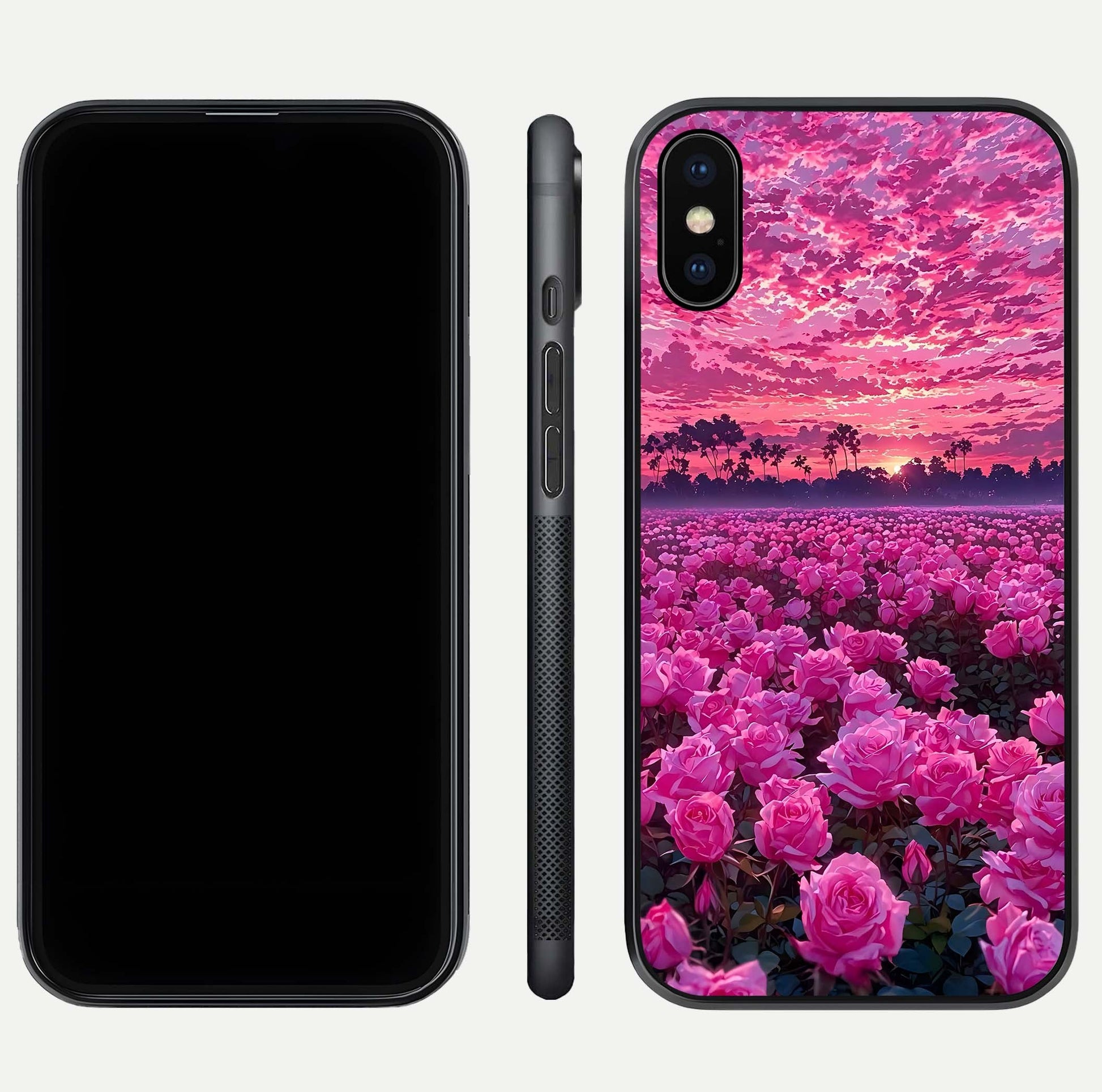 Rose Sunset Valley Glass Case for iPhone Xs front & back layout highlighting gradient tones and glass shine