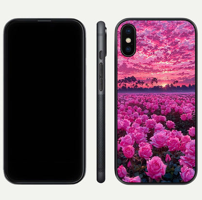 Rose Sunset Valley Glass Case for iPhone Xs front & back layout highlighting gradient tones and glass shine